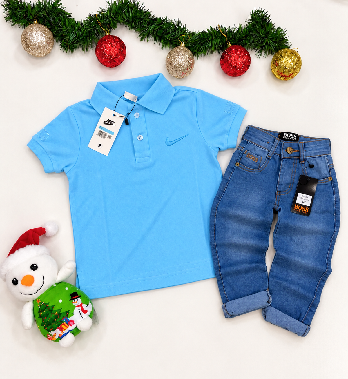 Kit de Natal Camiseta Polo Azul Claro + Calça