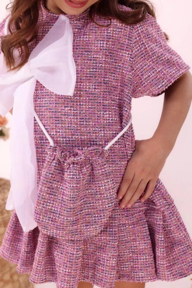 Vestido Laço Tweed Infantil + Bolsinha Luxo