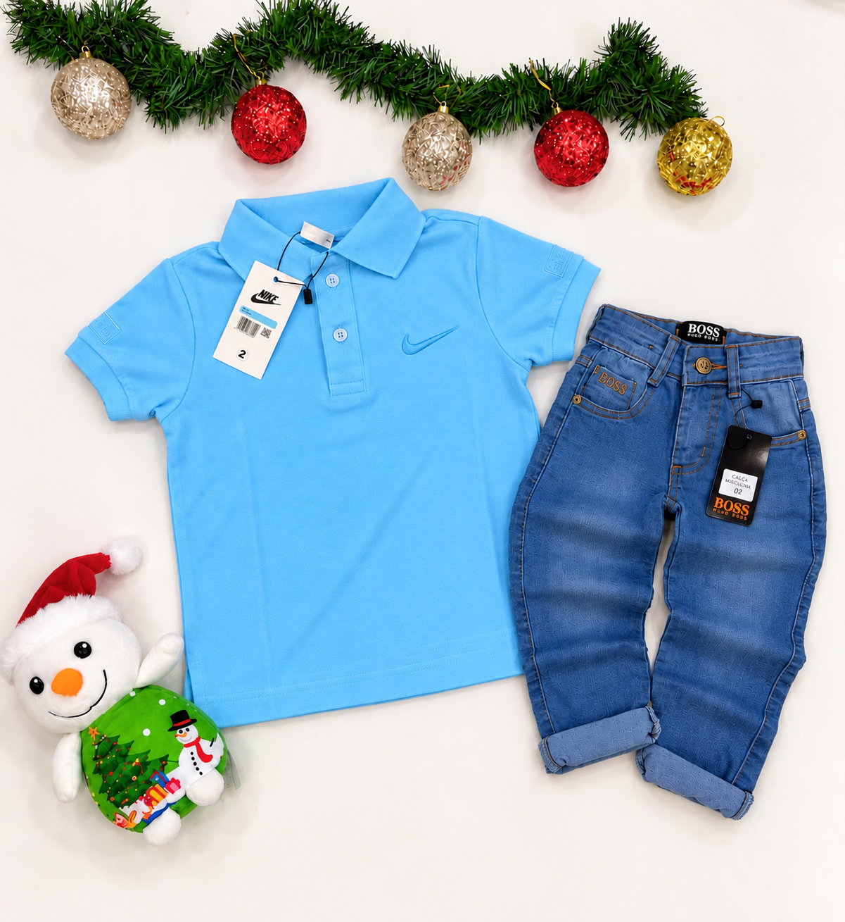 Kit de Natal Camiseta Polo Azul Claro + Calça