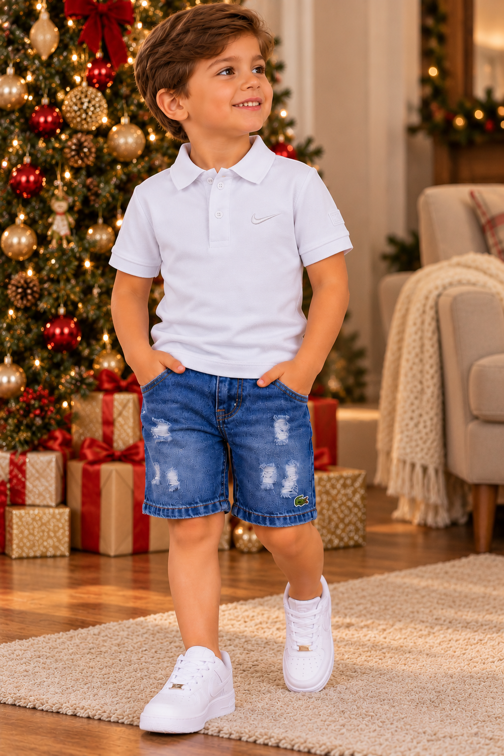 Kit de Natal Camiseta Polo Branca + Bermuda