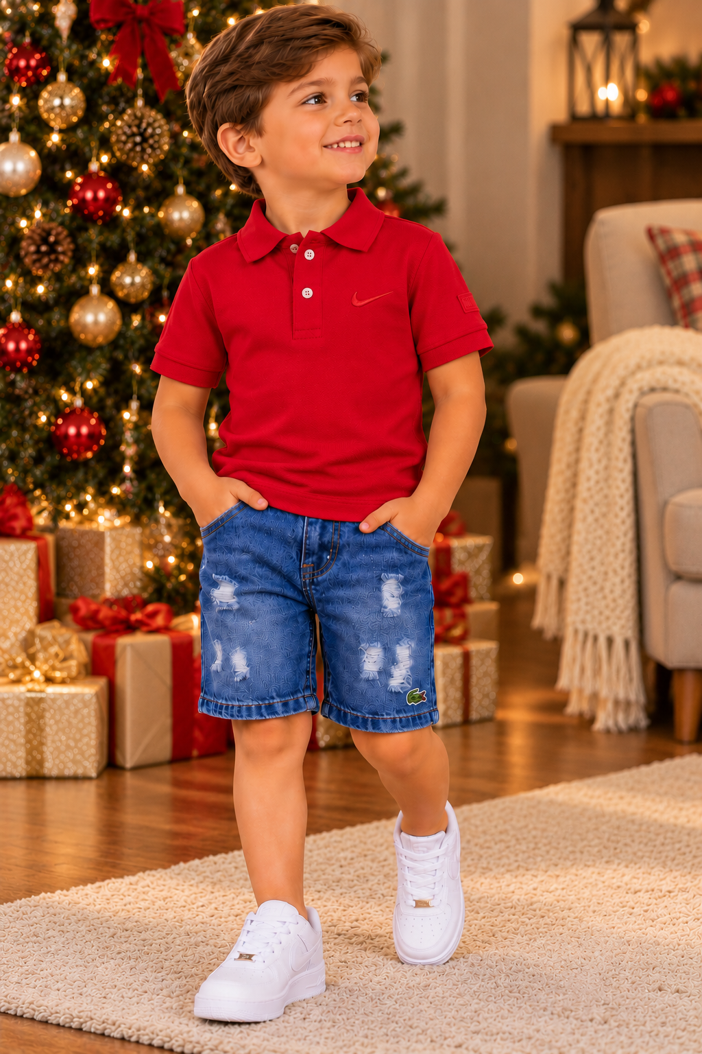 Kit de Natal Camiseta Polo Vermelha + Bermuda