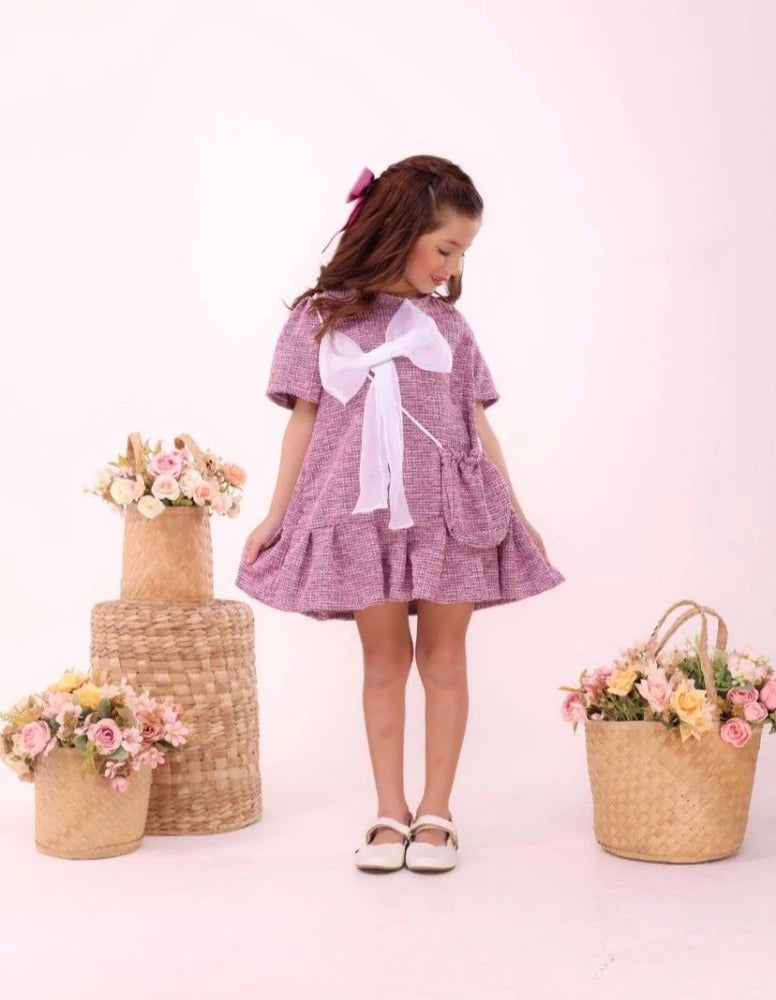 Vestido Laço Tweed Infantil + Bolsinha Luxo