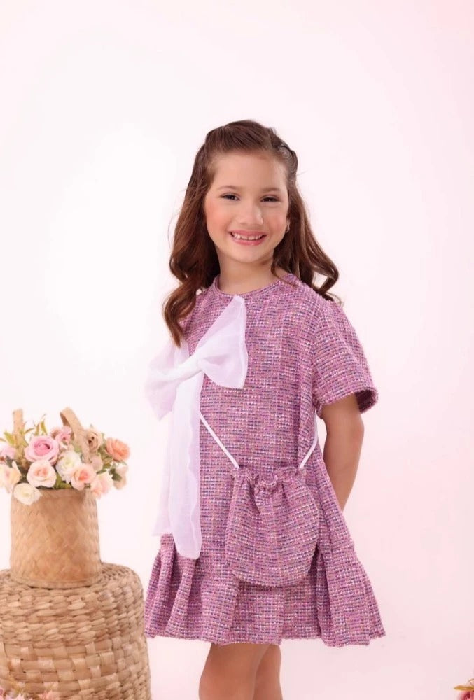 Vestido Laço Tweed Infantil + Bolsinha Luxo